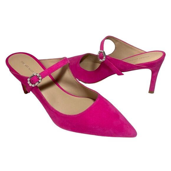 STUART WEITZMAN Women's Fuchsia Hot Pink Suede Heeled Mules Beaded Buckle 8.5